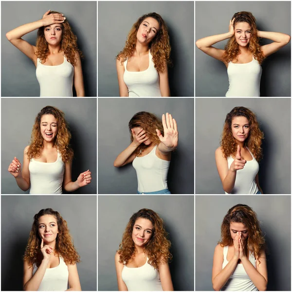 Emotions set of young woman at studio background — Stock Photo, Image