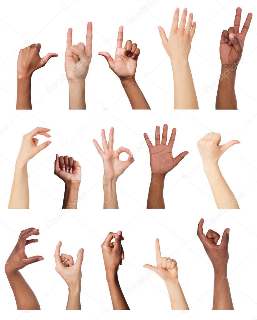 Set of various hand gestures isolated on white