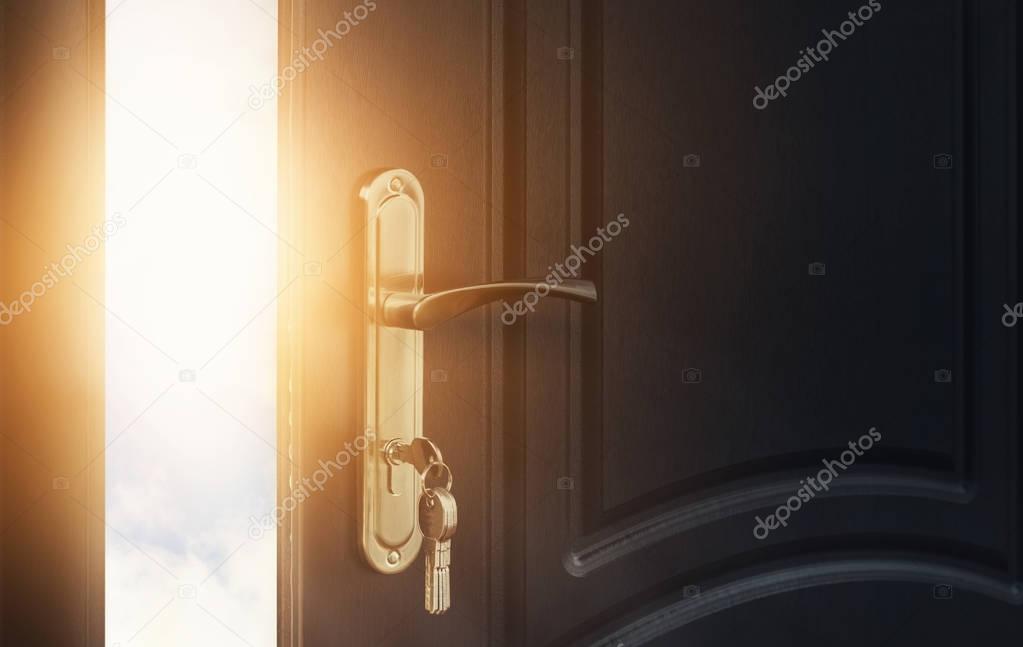 Open wooden doors with sky background