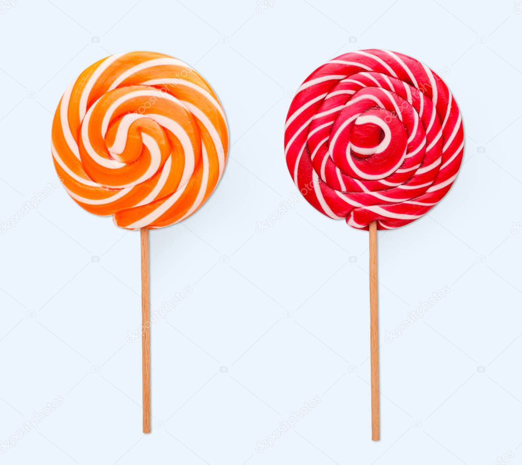 Spiral lollipops on white background. Colorful candies, isolated