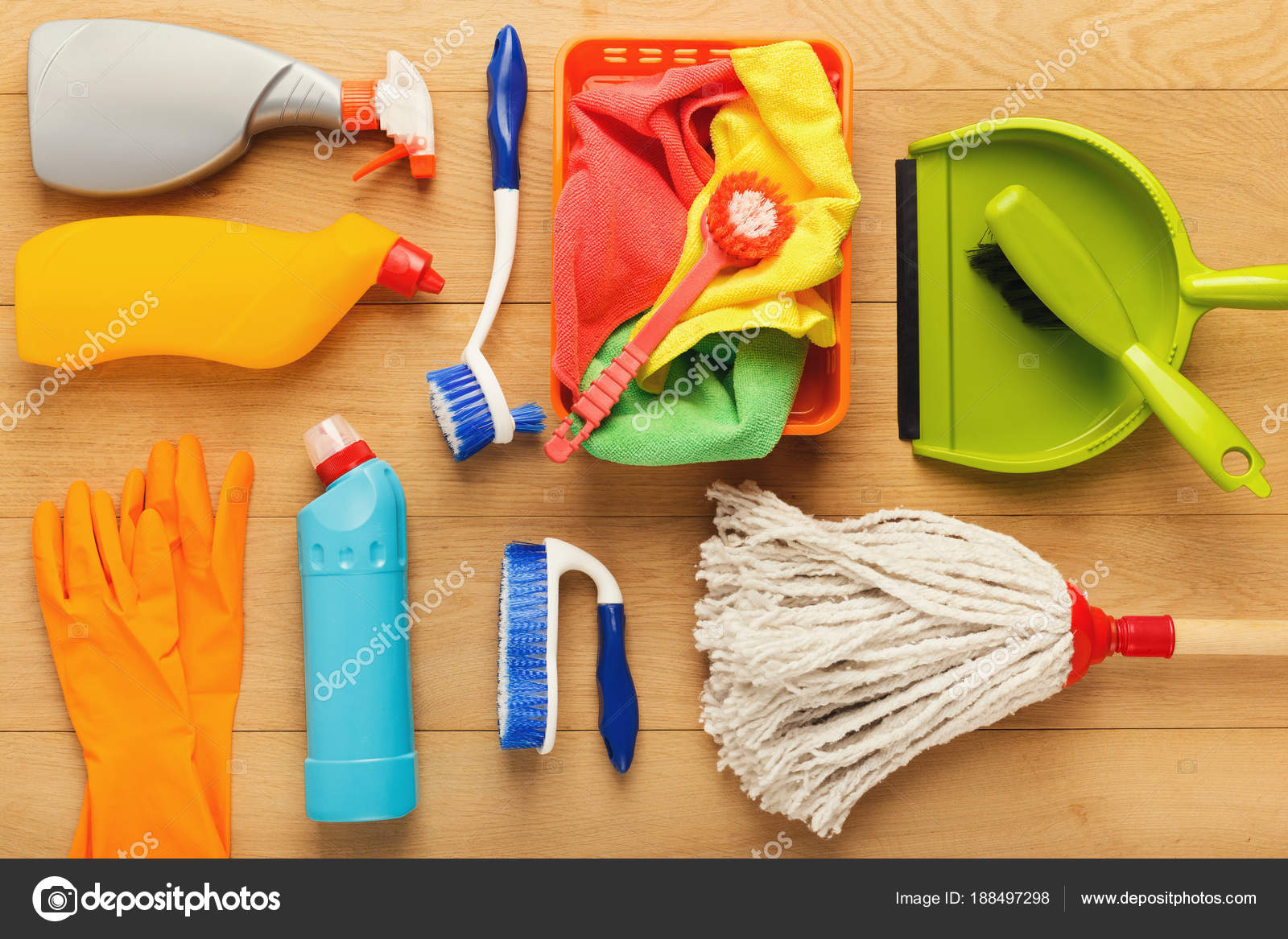 Various cleaning supplies, housekeeping background Stock Photo by