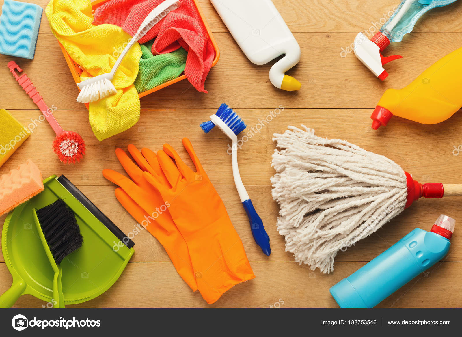 Various cleaning supplies, housekeeping background Stock Photo by