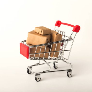 Minyatür alışveriş sepeti ve paketler izole