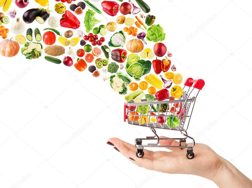 Collage of shopping cart with vegetables and fruits isolated on white.