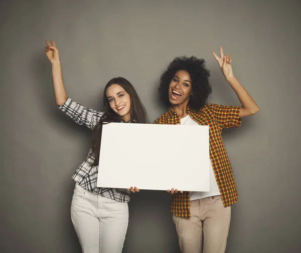 Twee vriendinnen houden van lege witte spandoek — Stockfoto