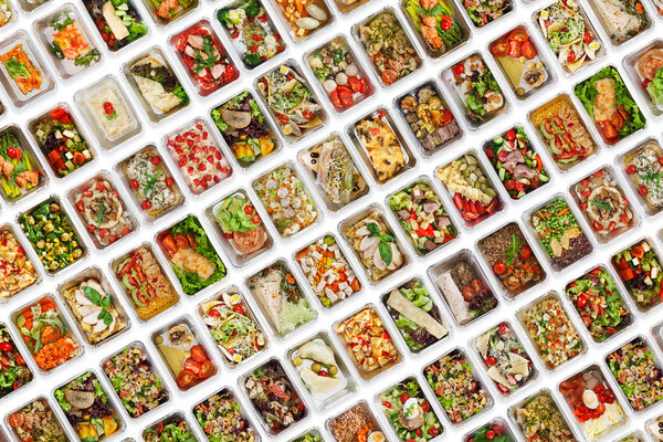 Set of take away food boxes at white background