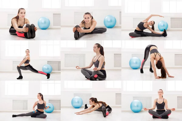 Mosaic of young woman doing fitness exercises — Stock Photo, Image