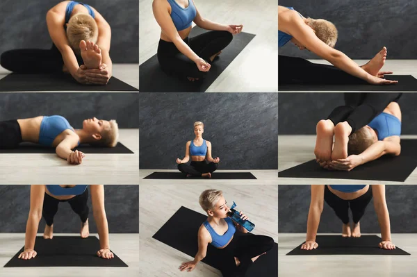 Collage of young woman practicing yoga — Stock Photo, Image