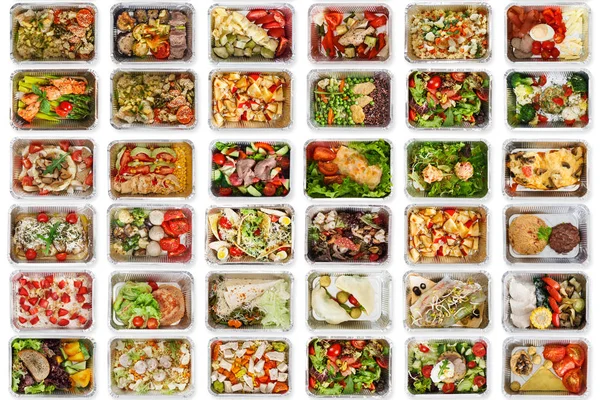 Set von Lebensmittelboxen zum Mitnehmen auf weißem Hintergrund — Stockfoto