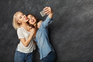 İki mutlu kadın studio geçmiş vasıl selfie alarak