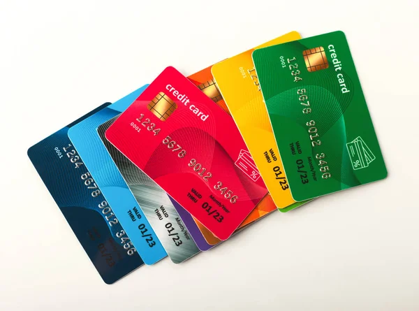 Kolekcja kolorowych kart kredytowych na białym tle — Zdjęcie stockowe