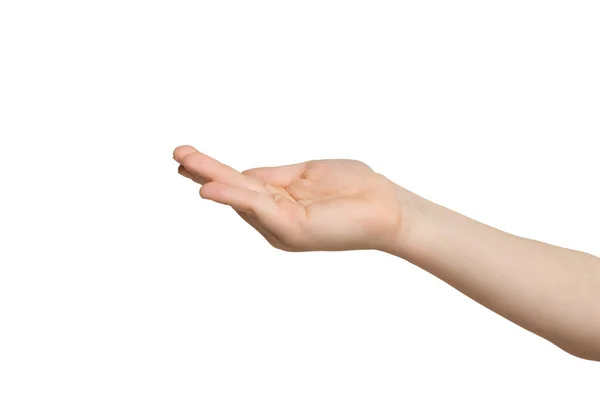 Kind hält Handfläche offen isoliert auf weißem Grund — Stockfoto