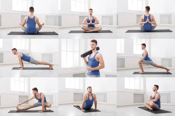 Uppsättning av ung man öva yoga i gymmet — Stockfoto