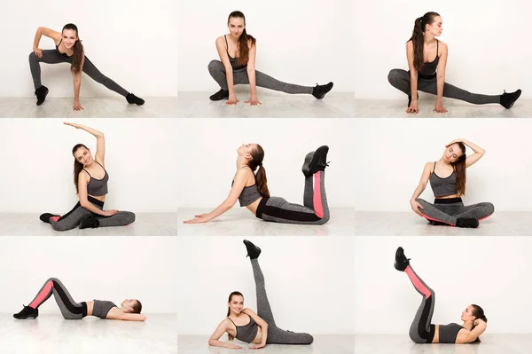 Collage einer jungen Frau, die Fitnessübungen macht — Stockfoto