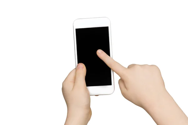 Manos de niño sosteniendo el teléfono móvil en blanco —  Fotos de Stock