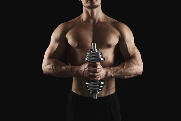 Sterke atletische man met halter showes naakte gespierd lichaam — Stockfoto