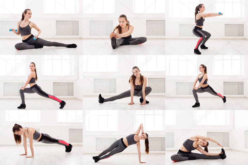 Mosaic of young woman doing fitness exercises
