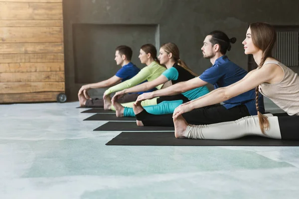 Jeunes femmes et hommes en cours de yoga, faisant des exercices d'étirement — Photo