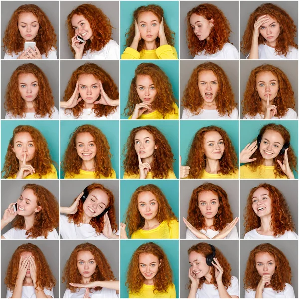 Set de emoții de femeie tânără la fundalul studioului — Fotografie, imagine de stoc
