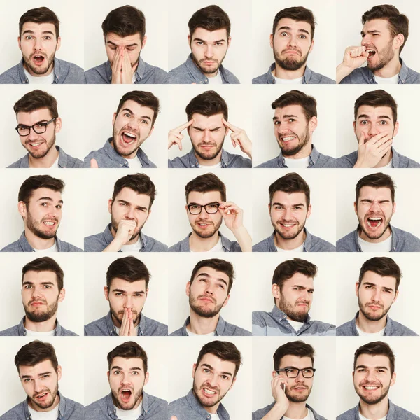 Conjunto de hombre joven diferentes emociones en el fondo blanco del estudio — Foto de Stock