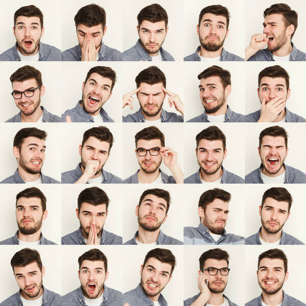Set of young man different emotions at white studio background