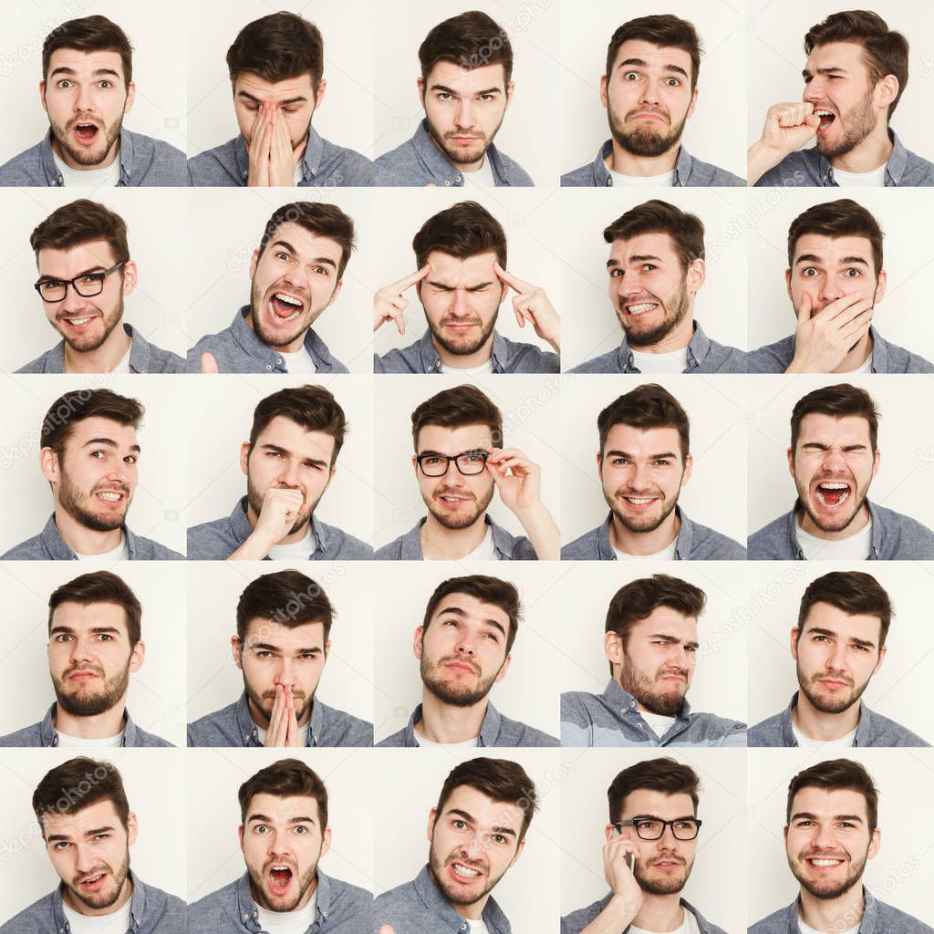 Set of young man different emotions at white studio background