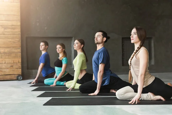 若い女性と男性ヨガのクラス、リラックス瞑想ポーズ — ストック写真