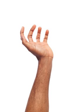 Siyah adam beyaz izole palmiye açık tutarak