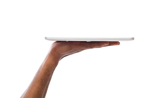 Black man holding digital tablet isolated on white background — Stock Photo, Image