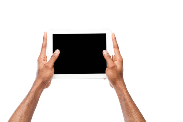 흰색 배경에 고립 된 디지털 태블릿을 들고 흑인 남자 — 스톡 사진