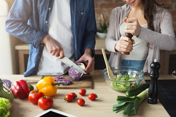 Closeup of couple cooking healthy food together — Stock Photo, Image