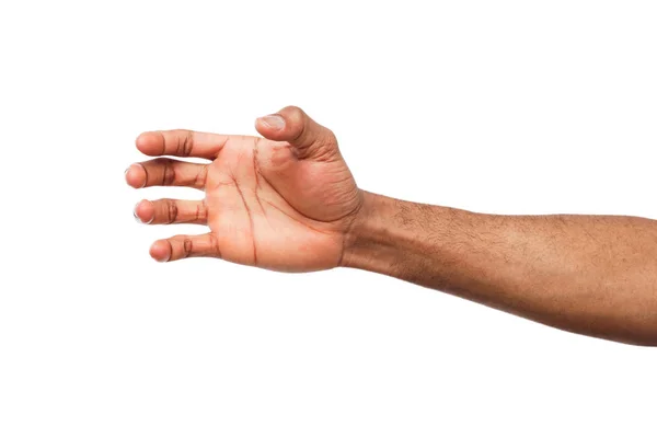 Черная рука держит виртуальный смартфон изолирован — стоковое фото