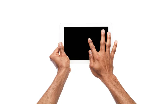 Holding and pointing on blank screen on tablet — Stock Photo, Image