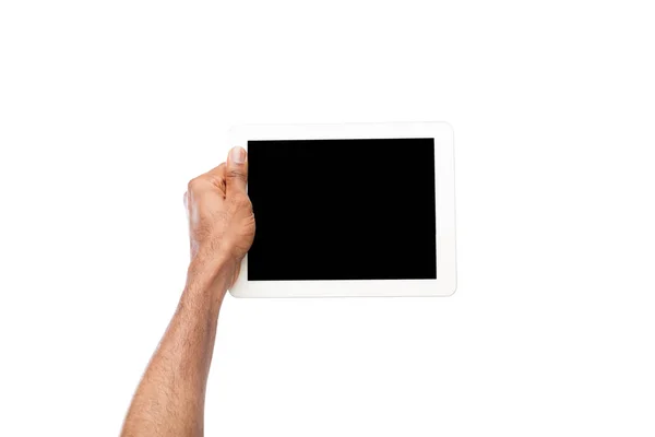 Czarny człowiek trzyma cyfrowego tabletu na białym tle — Zdjęcie stockowe