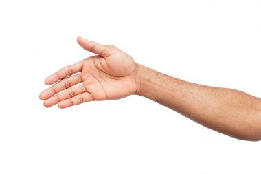 El bir Afrikalı-Amerikalı adam beyaz izole el sıkışma için hazır