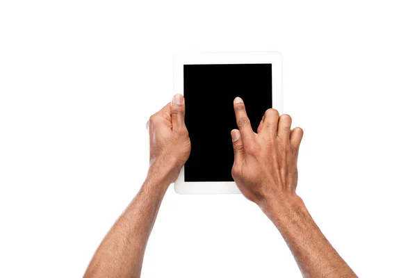 Holding and pointing on blank screen on tablet — Stock Photo, Image