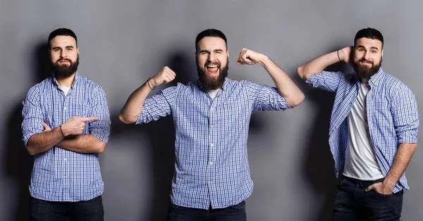 Junger Mann mit unterschiedlichen Gefühlen im grauen Studiohintergrund — Stockfoto