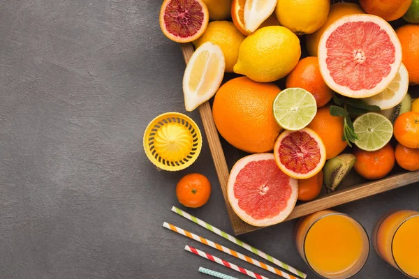 Variety of ripe citruses on gray background