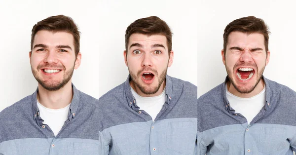 Conjunto de hombre joven diferentes emociones en el fondo blanco del estudio — Foto de Stock