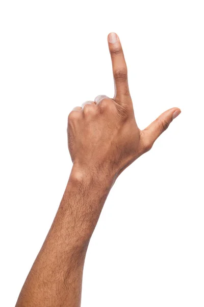 Мужская рука, указывающая на объект, указательный палец изолирован — стоковое фото