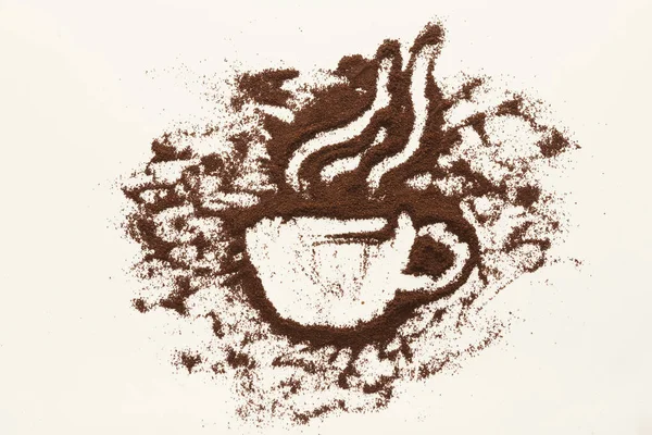Drawing with ground coffee - cup and smoke, top view — Stock Photo, Image