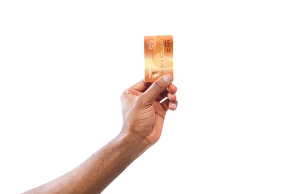 Czarny mężczyzna ręka trzyma karty plastikowe — Zdjęcie stockowe