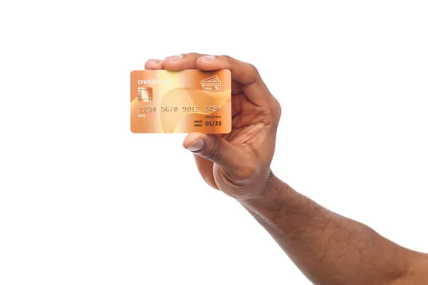 Czarny mężczyzna ręka trzyma karty plastikowe — Zdjęcie stockowe