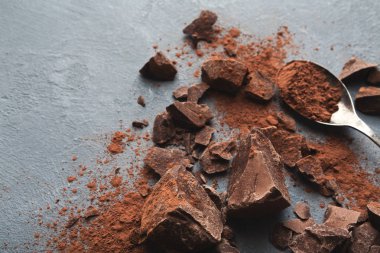 Çikolata parçaları ve gri arka plan üzerine kakao ezilmiş