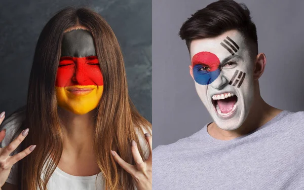 Aficionados emocionales al fútbol con banderas pintadas en las caras — Foto de Stock