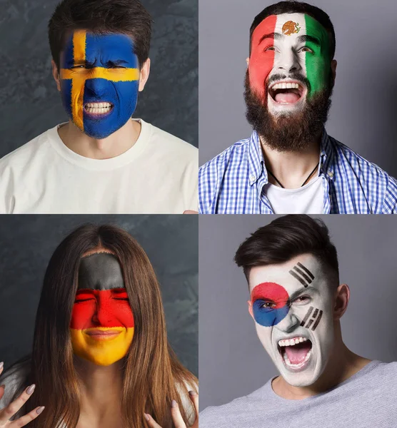 Tifosi di calcio emotivi con bandiere dipinte sui volti — Foto Stock