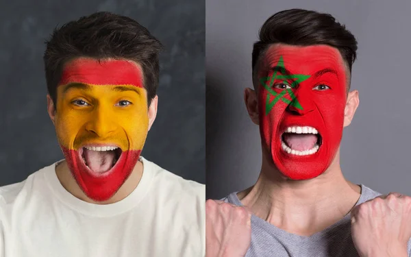 Duygusal futbol taraftarları yüzleri boyalı bayraklı — Stok fotoğraf
