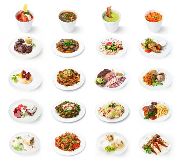 Colagem de pratos de restaurante isolados em branco — Fotografia de Stock