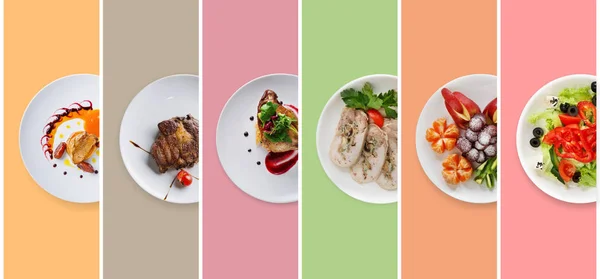 Collage de platos de restaurante sobre fondo colorido — Foto de Stock