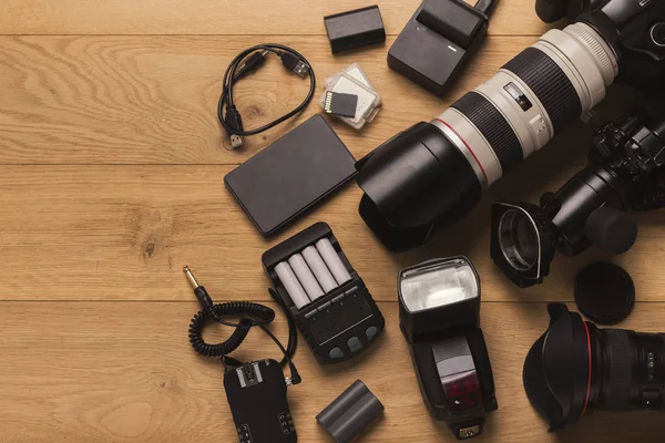 Diverse personal equipment for photographer — Stock Photo, Image